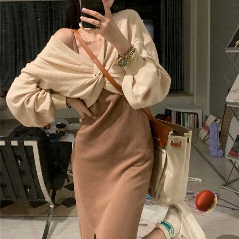 Cropped twist front top and sleeveless midi dress set